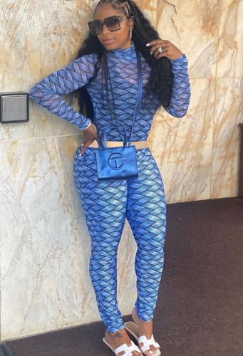 All Over Print Blue Long sleeve Crop Top and Pants Set