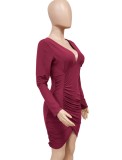 Burgunry V-Neck Ruched Wrap Hem Long Sleeve Skinny Dress