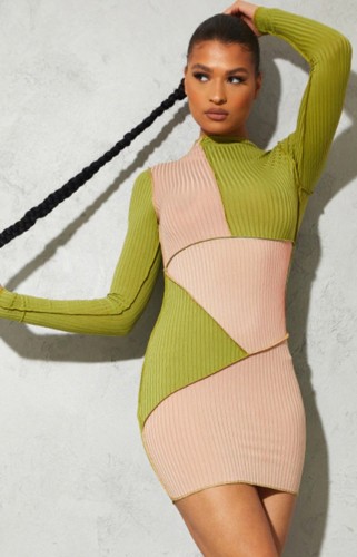Color Block Knit O-Neck Long Sleeve Tight Mini Dress