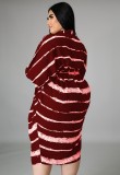 Plus Size Red Striped Bat Sleeves Button Up Loose Long Dress