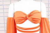 Orange Off Shoulder Bandeau Top and Irregular Maxi Skirt Two Piece Set