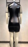 Plus Size Short Sleeve Mesh Panel High Neck PU Leather Bodycon Dress