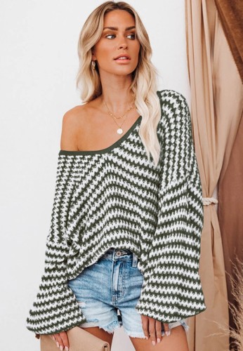 Green Stripes V-neck Drop Shoulder Long Sleeve Sweater