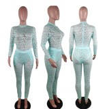 Blue See Through Rose Lace Long Sleeve Bodysuit and High Waist Pants Two Piece Set