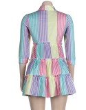 Multicolor Stripes A-Line Button Up Short Blouse Dress