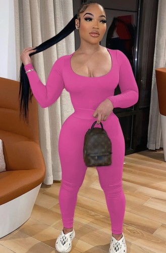 Pink U-Neck Long Sleeve Fitted Shirt and High Waist Pant Two Piece Set