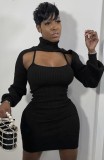 Black High Collar Long Sleeve Top and Cami Short Skirt 2PC Cover-Ups