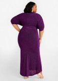Plus Size Purple V-neck Ruched Half Sleeve Long Mermaid Dress