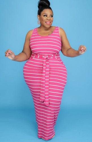 Plus Size Pink Sleeveless Sripe Maxi Tank Dress with Matching Belt