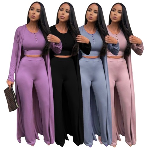 Pink Button O-Neck Crop Top and Pant with Long Cardigan 3PCS Set