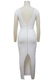 White V-Neck Short Sleeve Slit Bodycon Maxi Dress