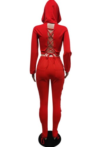 Red Hoody Pocket Lace-up Crop Top and Matching Pants Two Piece Set