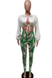 White Puff Sleeve Crop Top and Print Tight Leggings Two Piece Set