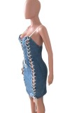 Lace-Up Blue Denim Cami Mini Slinky Dress