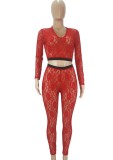 Red Lace V-neck See Through Long Sleeve Crop Top and Pant Two Piece Set