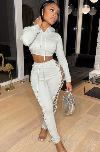 Gray Hoody Pocket Lace-up Crop Top and Matching Pants Two Piece Set