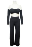 Black Off Shoulder Long Sleeve Ruched Crop Top and Pant Two Piece Set