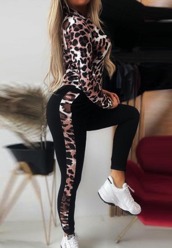 Leopard Printed Long Sleeve Zipper Open Top and Skinny Pant Two Piece Set