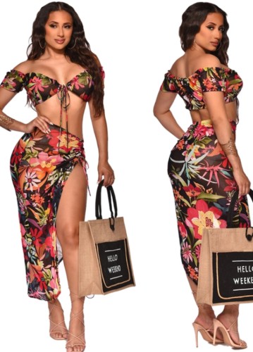 Floral Off Shoulder Knotted Crop Top and Asymmetric Long Skirt Two Piece Set
