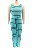 Plus Size Blue Sleeveless Sripe Maxi Tank Dress with Matching Belt