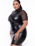 Plus Size Short Sleeve Mesh Panel High Neck PU Leather Bodycon Dress
