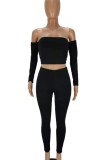 Black Off Shoulder Long Sleeve Top and Pant Two Piece Set