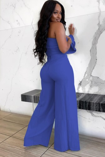 Blue One shoulder Long Sleeve Crop Top and High Slit Pant Two Piece Outfits