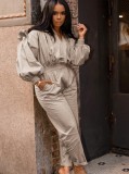 Grey Bubble Sleeve V-Neck Jumpsuit