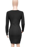 Black V-Neck Ruched Wrap Hem Long Sleeve Skinny Dress