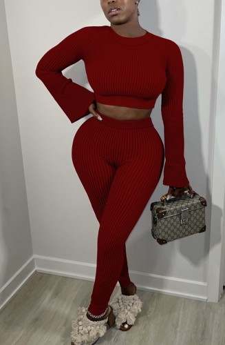 Red Ribbed Long Flare Sleeve Crop Top and Sheath Pant 2 Piece Set