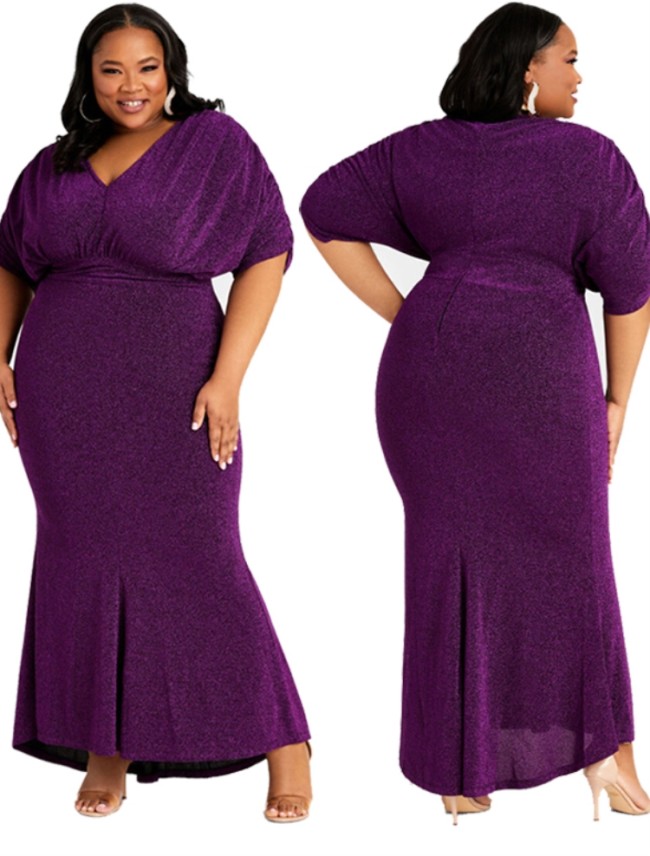 Plus Size Purple V-neck Ruched Half Sleeve Long Mermaid Dress