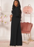 Black Long Sleeve O-Neck Crop Top and High Waist Wide Pant Two Piece Set