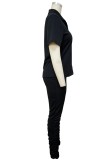 Black Short Sleeve Button Open Blouse and Pant Two Piece Set