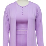 Purple Button O-Neck Crop Top and Pant with Long Cardigan 3PCS Set