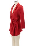 Red Turndown Collar Long sleeve Ruched Irregular Mini Dress