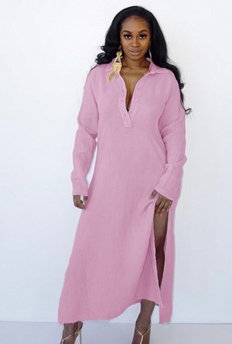 Pink Long Sleeve Button Up Split Long Blouse Dress