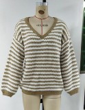Kahaki Wavy Stripes V-neck Drop Shoulder Long Sleeve Sweater