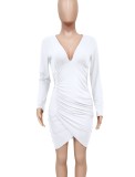 White V-Neck Ruched Wrap Hem Long Sleeve Skinny Dress