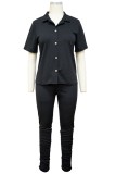 Black Short Sleeve Button Open Blouse and Pant Two Piece Set