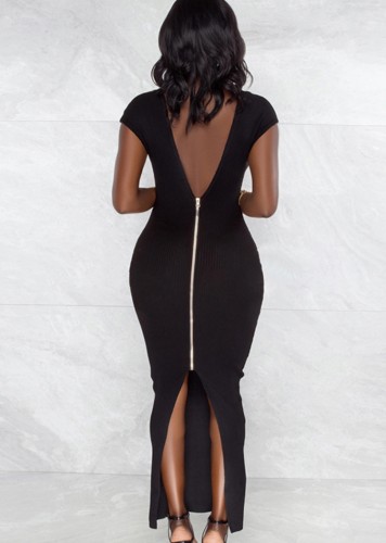 Black V-Neck Short Sleeve Slit Bodycon Maxi Dress