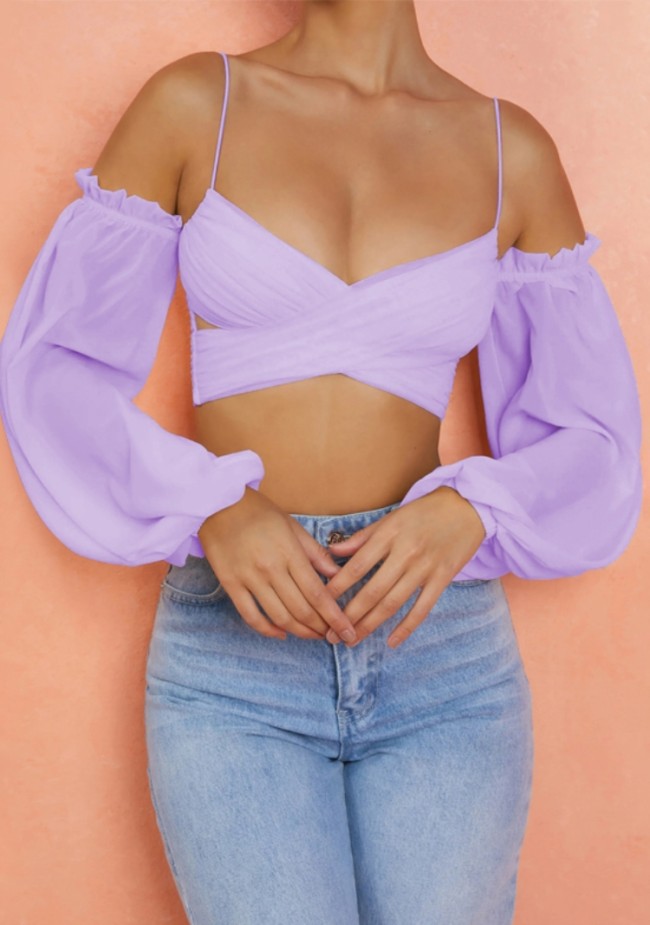 Purple Bubble Sleeves Wrap Cami Crop Top