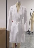 White Long Sleeve Turndown Collar Office Blazer Dress with Belt