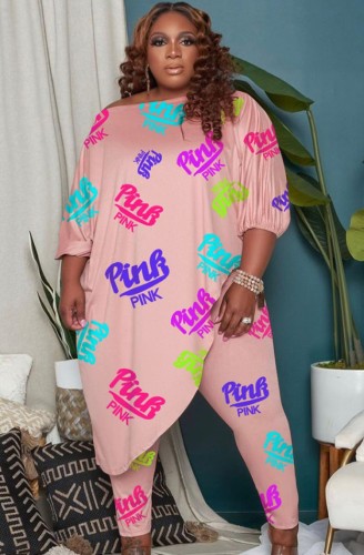 Plus Size Pink Letter Print 3/4 Sleeve Irregular Long Shirt and Pant Two Piece Set