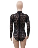 Black See Through Rose Lace Long Sleeve Bodysuit and High Waist Pants Two Piece Set