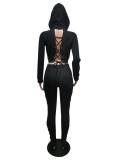 Black Hoody Pocket Lace-up Crop Top and Matching Pants Two Piece Set