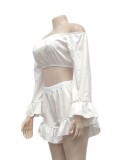 White Off Shoulder Crop Top and Wave Hem Shorts Two Piece Set