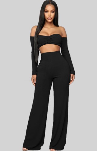 Black Off Shoulder Long Sleeve Ruched Crop Top and Pant Two Piece Set
