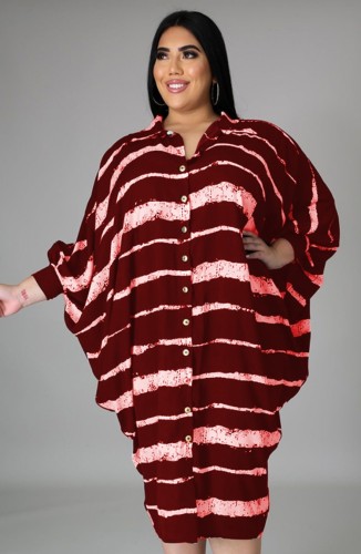 Plus Size Red Striped Bat Sleeves Button Up Loose Long Dress