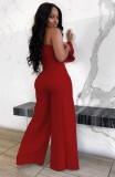 Red One shoulder Long Sleeve Crop Top and High Slit Pant Two Piece Outfits