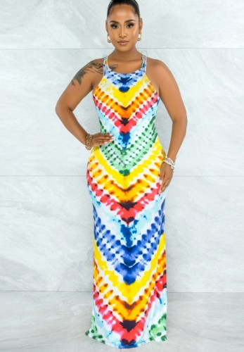 Rainbow Color Printed Sleeveless Backless Cami Maxi Dress